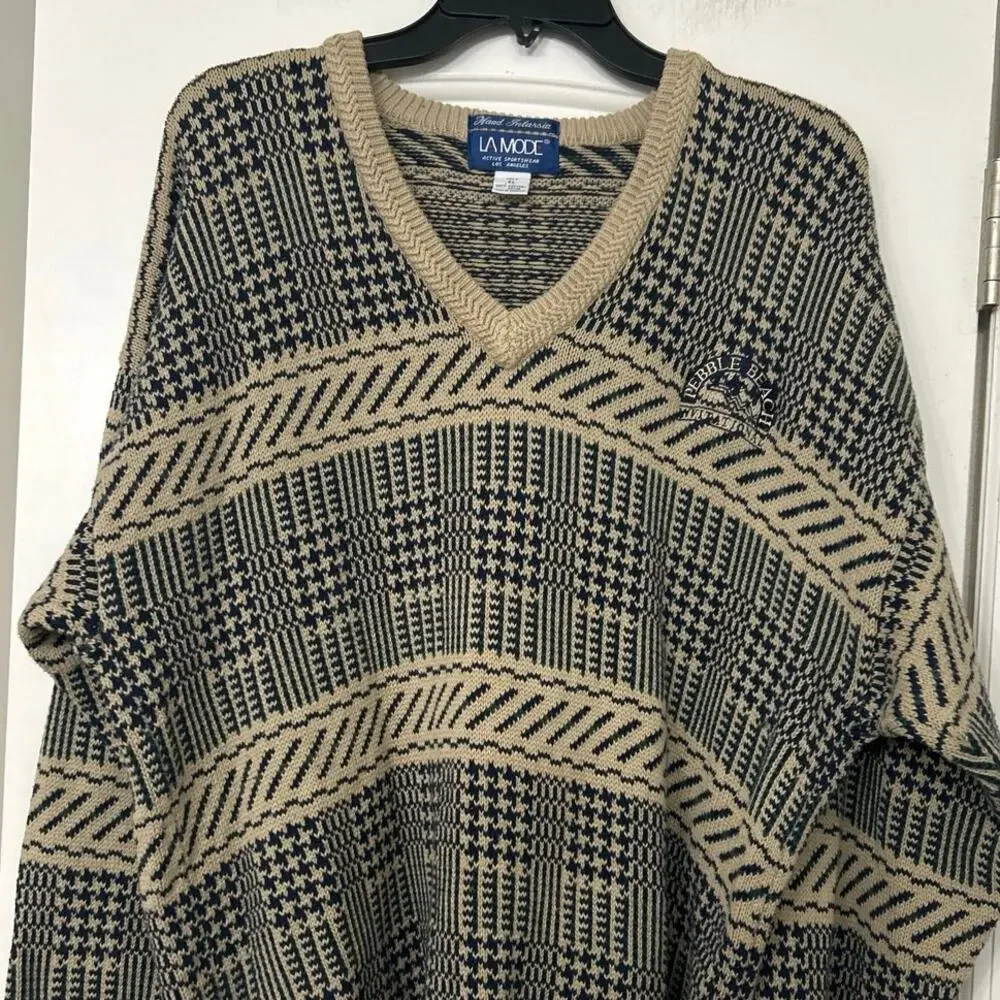 Vintage La Mode Pebble Beach Intarsia Sweater XL 90s Golf Coastal Grandpa Cotton